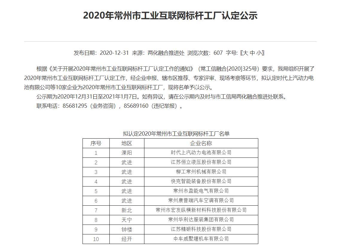 世俱杯app官方成为2020年常州市工业互联网标杆工厂